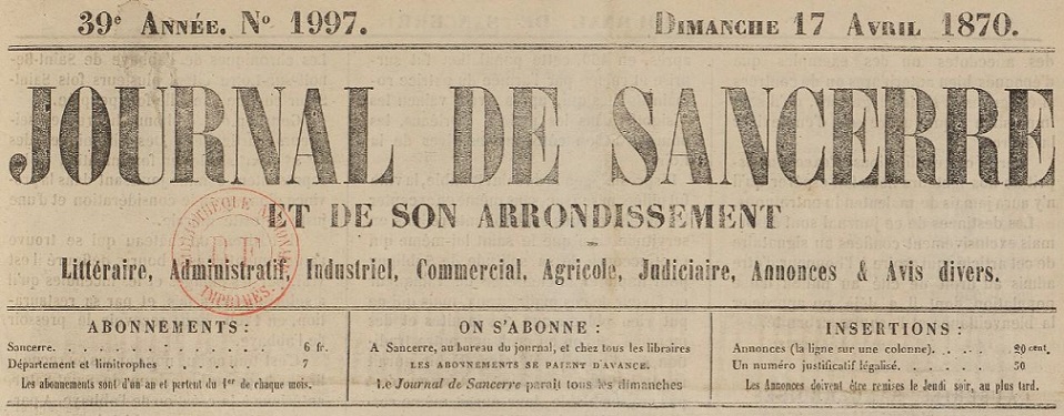 Photo (BnF / Gallica) de : Journal de Sancerre et de son arrondissement. Sancerre, 1870-1944. ISSN 2100-4617.