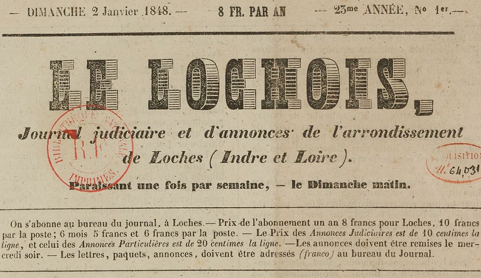 Photo (BnF / Gallica) de : Le Lochois. Loches, [1848 ?]-1944. ISSN 2131-5116.
