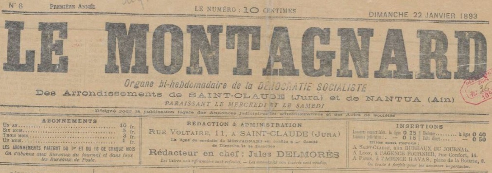 Photo (BnF / Gallica) de : Le Montagnard. Saint-Claude, 1893-1894. ISSN 2132-5294.