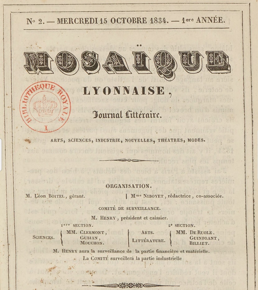 Photo (BnF / Gallica) de : Mosaïque lyonnaise. Lyon, 1834-[1880 ?]. ISSN 2264-7120.