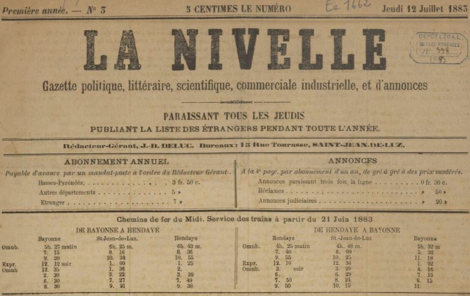 Photo (BnF / Gallica) de : La Nivelle. Saint-Jean-de-Luz, 1883-[1886 ?]. ISSN 2017-8859.