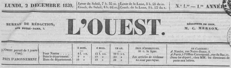 Photo (Loire-Atlantique. Archives départementales) de : L'Ouest. Nantes, 1839-1848. ISSN 2133-4145.