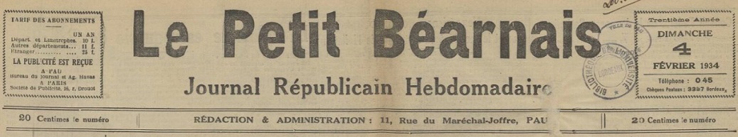 Photo (BnF / Gallica) de : Le Petit Béarnais. Pau, 1898-1944. ISSN 2133-9589.