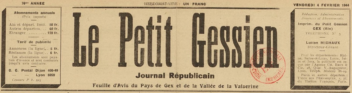 Photo (BnF / Gallica) de : Le Petit Gessien. Gex, 1890-1944. ISSN 2134-1613.
