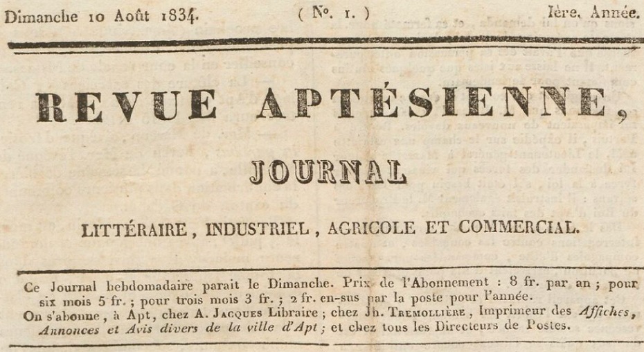 Photo (BnF / Gallica) de : Revue aptésienne. Apt, 1834-1842. ISSN 2137-2497.
