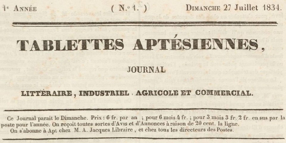 Photo (BnF / Gallica) de : Tablettes aptésiennes. Apt, 1834. ISSN 2138-4827.