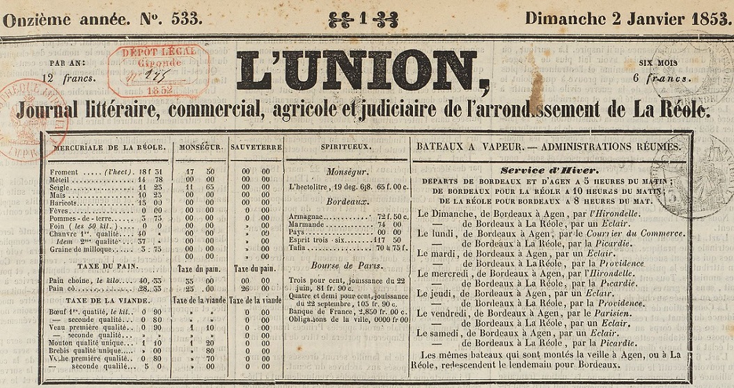 Photo (BnF / Gallica) de : L'Union. La Réole : Impr. de Pasquier, 1842-[1944 ?]. ISSN 2139-2390.