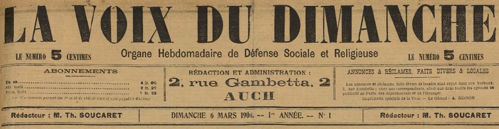 Photo (BnF / Gallica) de : La Voix du dimanche. Auch, 1904-[1905 ?]. ISSN 2140-2272.