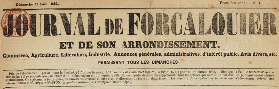 Photo (BnF / Gallica) de : Journal de Forcalquier et de son arrondissement. Forcalquier, 1844-1848. ISSN 2017-2680.
