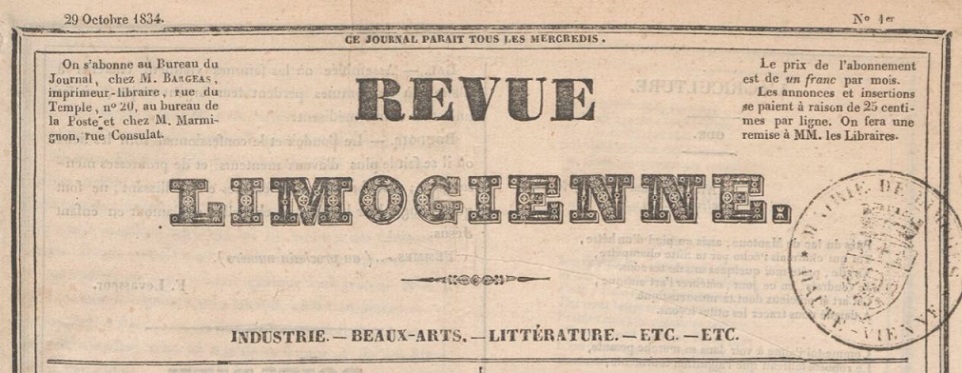 Photo (BnF / Gallica) de : Revue limogienne. Limoges, 1834-1837. ISSN 2272-0545.