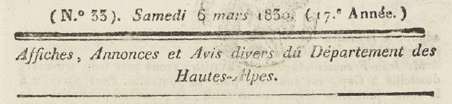 Photo (BnF / Gallica) de : Affiches, annonces et avis divers du département des Hautes-Alpes. Gap, 1813-[1838 ?]. ISSN 2551-3419.