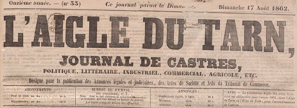 Photo (BnF / Gallica) de : L'Aigle du Tarn. Castres, 1852-1870. ISSN 2120-4896.