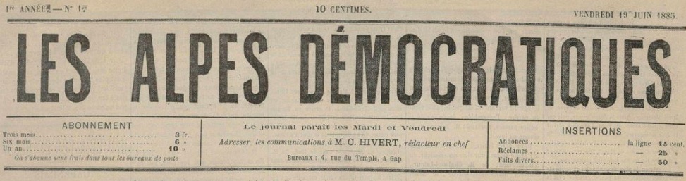 Photo (Hautes-Alpes. Archives départementales) de : Les Alpes démocratiques. Gap, 1885-1889. ISSN 2022-2343.