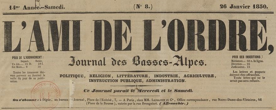 Photo (BnF / Gallica) de : L'Ami de l'ordre. Digne, 1850-1870. ISSN 2020-4728.