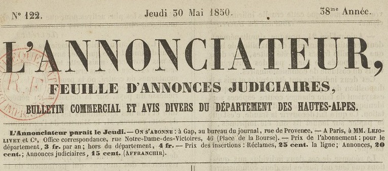 Photo (BnF / Gallica) de : L'Annonciateur. Gap, 1850-[1908 ?]. ISSN 2022-2378.