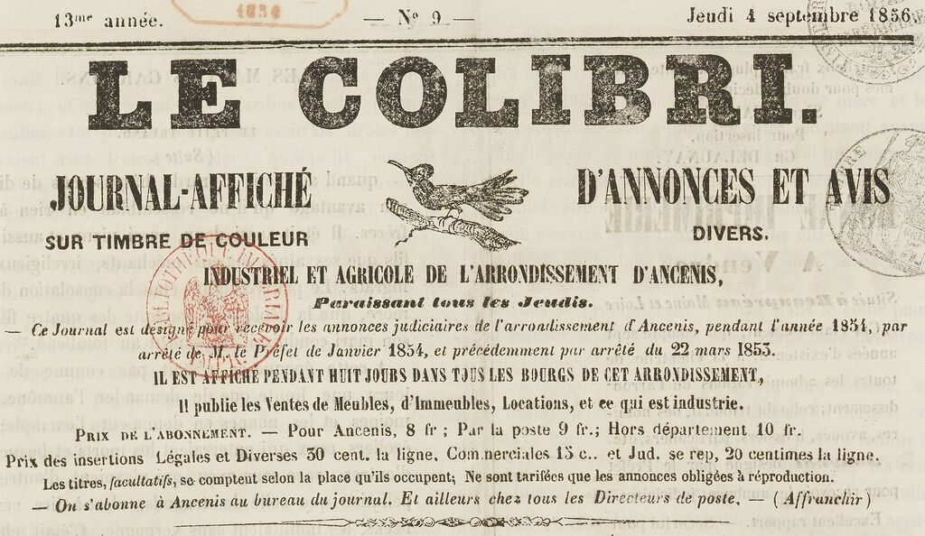 Photo (BnF / Gallica) de : Le Colibri. Ancenis : Hamelin, imprimeur-libraire, 1843-1860. ISSN 2124-0426.