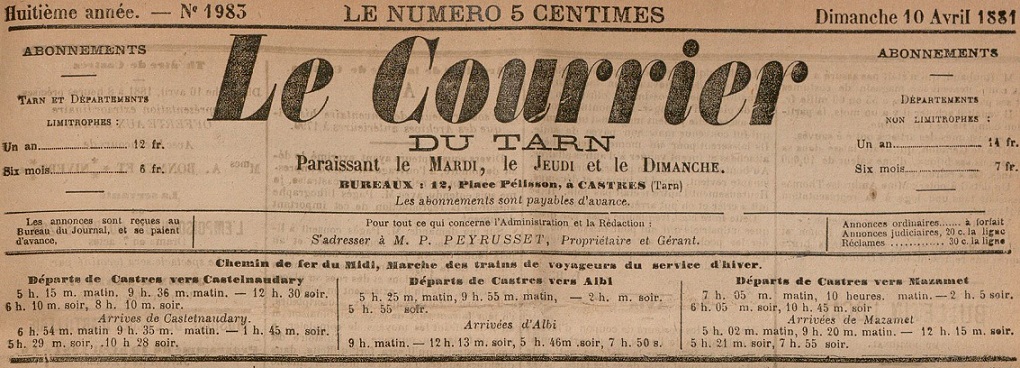 Photo (BnF / Gallica) de : Le Courrier du Tarn. Castres, 1881-1925. ISSN 2124-9016.