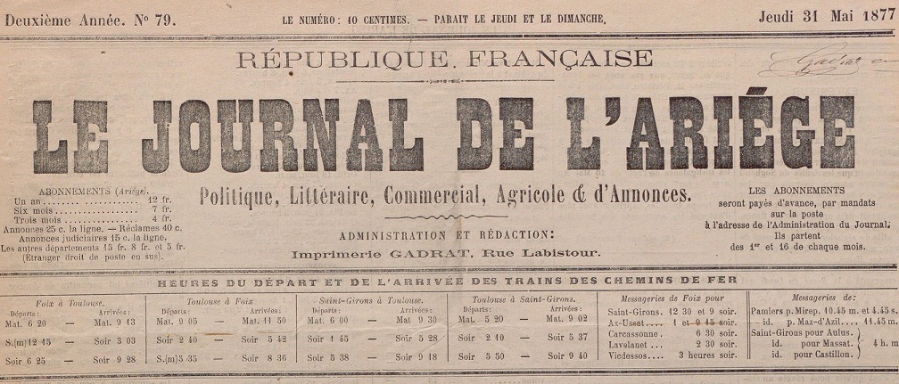 Photo (BnF / Gallica) de : Le Journal de l'Ariège. Foix, 1876-1883. ISSN 2130-3924.