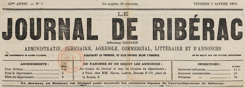 Photo (BnF / Gallica) de : Le Journal de Ribérac. Ribérac, 1868-1944. ISSN 2025-6213.