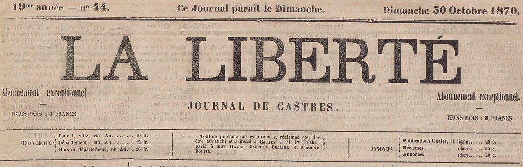 Photo (BnF / Gallica) de : La Liberté. Castres, 1870-1872. ISSN 2131-2931.