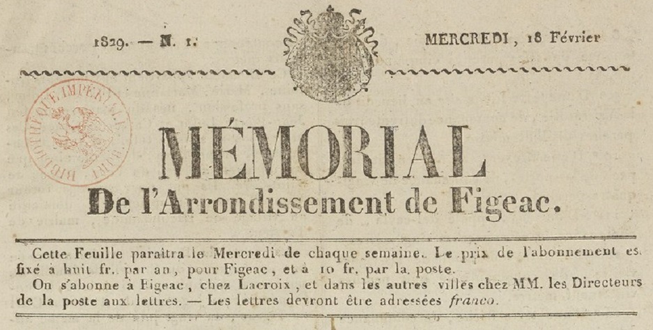 Photo (BnF / Gallica) de : Mémorial de l'arrondissement de Figeac. Figeac : impr. de J. Lacroix, 1829-[1914 ?]. ISSN 2111-9961.