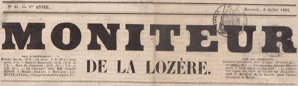 Photo (BnF / Gallica) de : Le Moniteur de la Lozère. Mende, 1864-1939. ISSN 2132-4387.