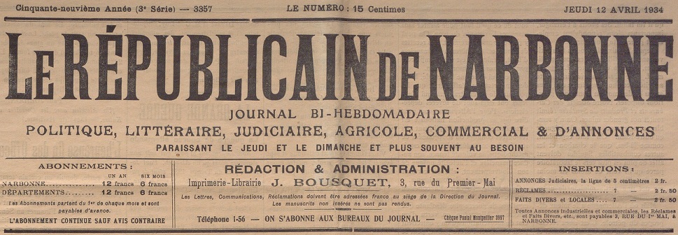 Photo (BnF / Gallica) de : Le Républicain de Narbonne. Narbonne, 1874-1944. ISSN 2136-3501.