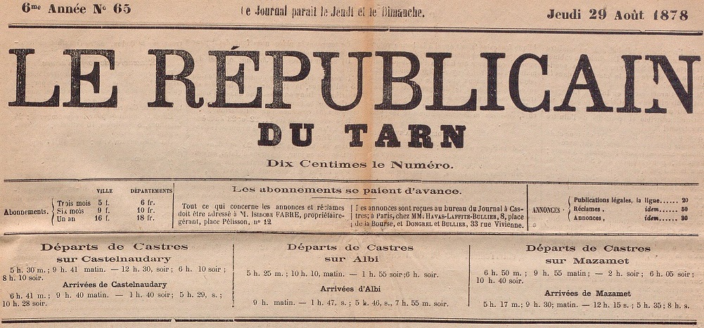 Photo (BnF / Gallica) de : Le Républicain du Tarn. Castres, 1872-1880. ISSN 2136-4281.