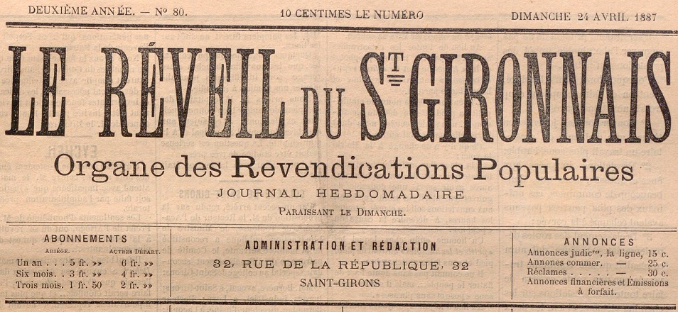 Photo (BnF / Gallica) de : Le Réveil du St-Gironnais. Saint-Girons, 1885-1943. ISSN 2137-0117.