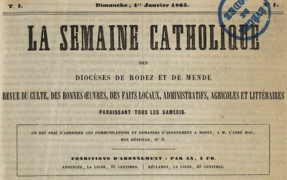 Photo (Aveyron. Archives départementales) de : La Semaine catholique des diocèses de Rodez et de Mende. Rodez, 1865-1866. ISSN 2137-919X.
