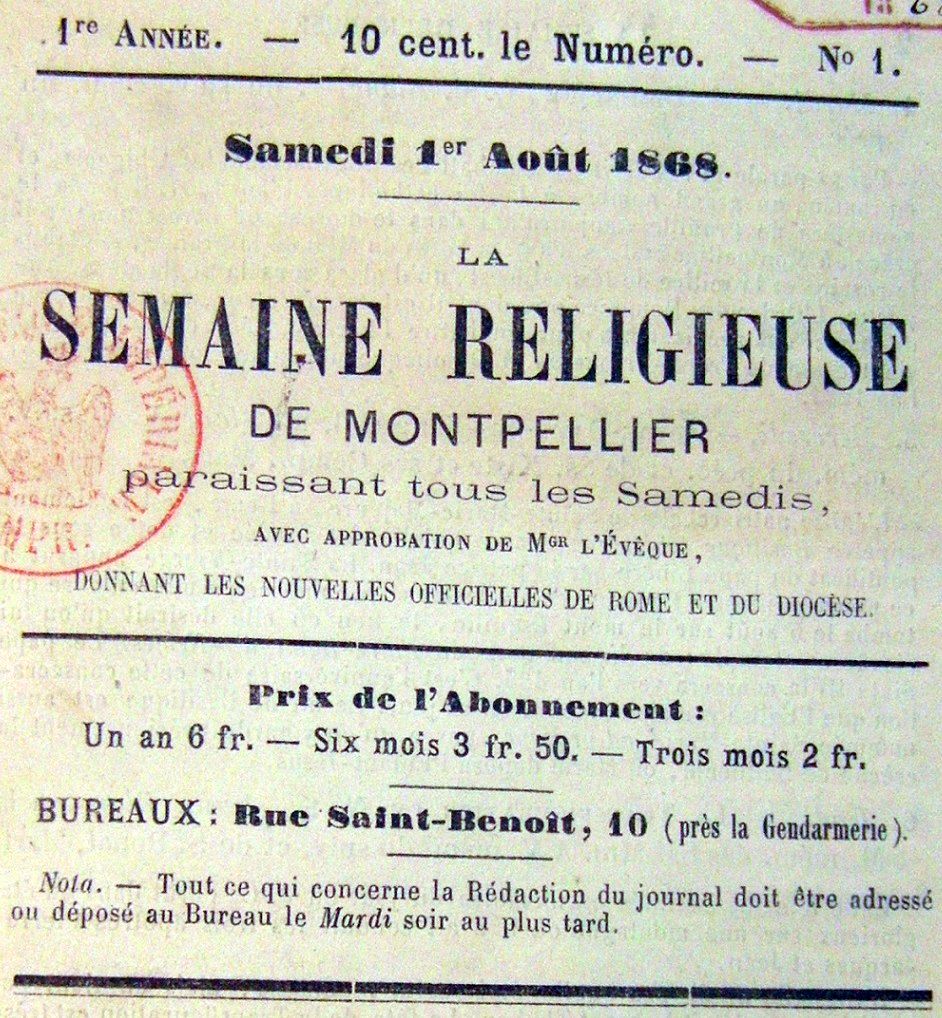 Photo (BnF / Gallica) de : La Semaine religieuse de Montpellier. Montpellier, 1868-1969. ISSN 2025-4911.