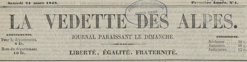Photo (Hautes-Alpes. Archives départementales) de : La Vedette des Alpes. Gap, 1848-1850. ISSN 2551-2951.