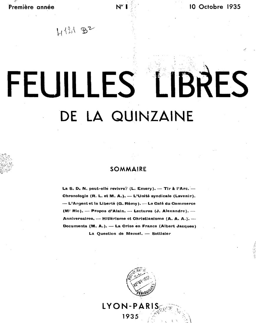 Photo (BnF / Gallica) de : Feuilles libres de la quinzaine. Lyon, 1935-1939. ISSN 1155-6412.