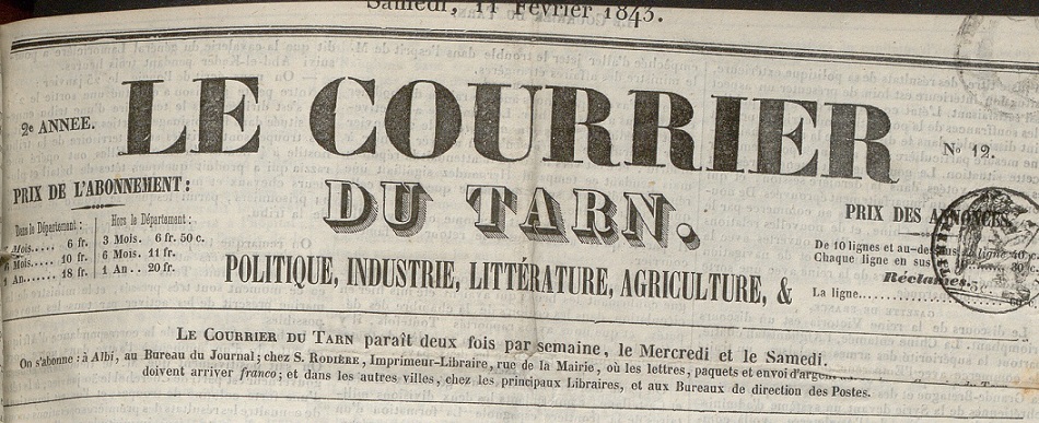 Photo (BnF / Gallica) de : Le Courrier du Tarn. Albi : impr. S. Rodière, 1842-[1843 ?]. ISSN 1965-734X.
