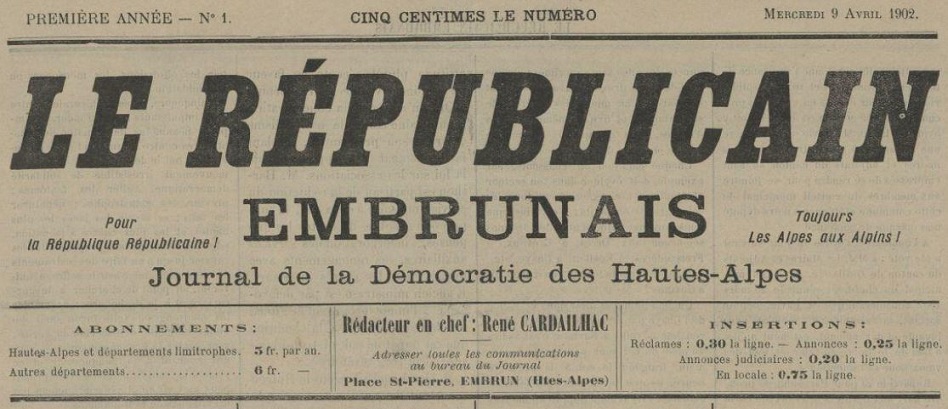 Photo (Hautes-Alpes. Archives départementales) de : Le Républicain embrunais. Embrun, 1902. ISSN 1962-8722.
