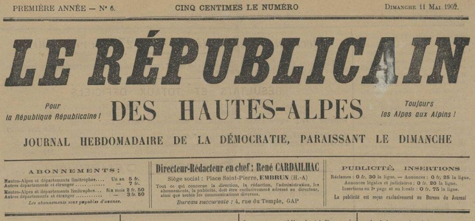 Photo (Hautes-Alpes. Archives départementales) de : Le Républicain des Hautes-Alpes. Embrun, 1902-1914. ISSN 2497-4153.
