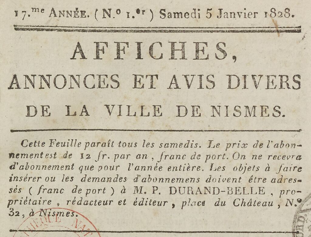 Photo (BnF / Gallica) de : Affiches, annonces et avis divers de la ville de Nismes. Nismes, [1812 ?-1830 ?]. ISSN 2120-3733.