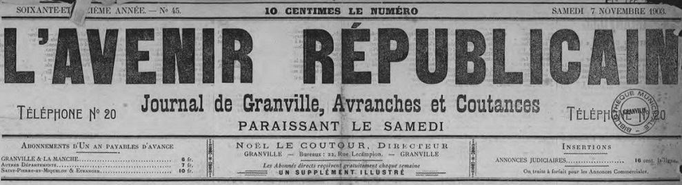 Photo (Médiathèque Charles de la Morandière (Granville, Manche)) de : L'Avenir républicain. Granville, 1903-1940. ISSN 2121-669X.