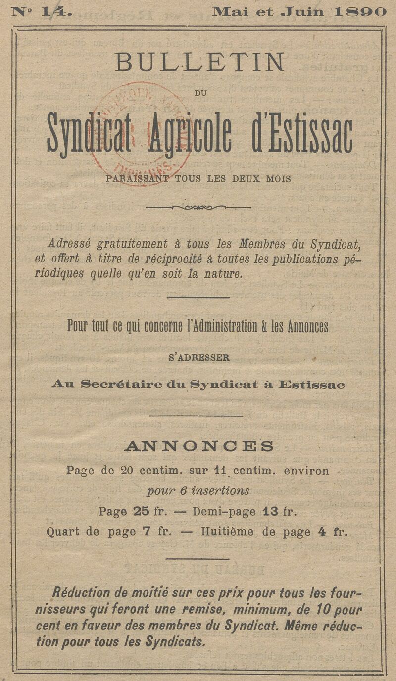 Photo (BnF / Gallica) de : Bulletin du Syndicat agricole d'Estissac. [S.l.], [1890 ?-1896 ?]. ISSN 2265-1098.
