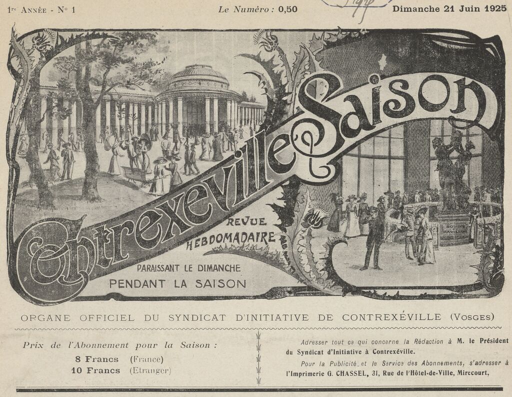 Photo (BnF / Gallica) de : Contrexéville-saison. Contrexéville, 1925-[1932 ?]. ISSN 2124-4006.