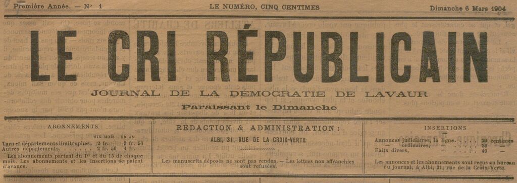 Photo (BnF / Gallica) de : Le Cri républicain. Albi, 1904-1907. ISSN 2125-1460.