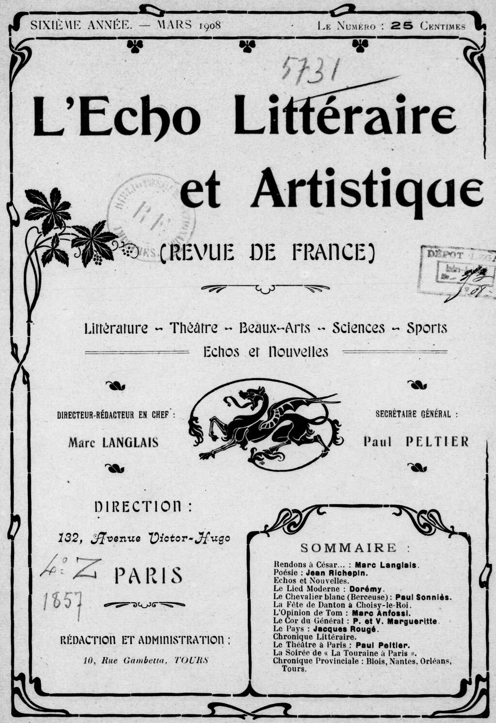 Photo (BnF / Gallica) de : L'Écho littéraire et artistique. Tours, 1903-[1924 ?]. ISSN 2126-7065.