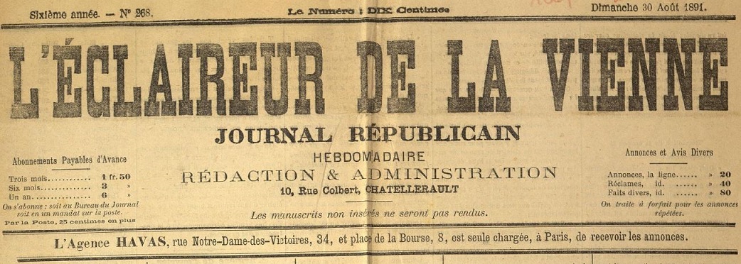 Photo (Vienne (Département). Archives départementales) de : L'Éclaireur de la Vienne. Poitiers, 1886-1894. ISSN 2126-9548.