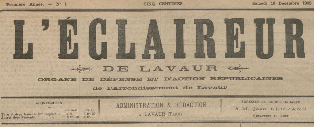 Photo (BnF / Gallica) de : L'Éclaireur de Lavaur. Lavaur, 1905-1906. ISSN 2126-9564.