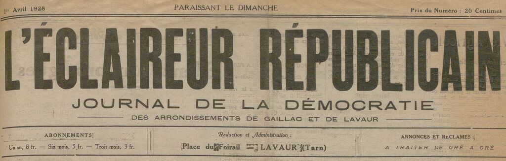 Photo (BnF / Gallica) de : L'Éclaireur républicain. Lavaur, 1928. ISSN 2127-0139.
