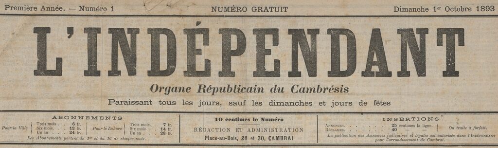 Photo (BnF / Gallica) de : L'Indépendant. Cambrai, 1893-[1940 ?]. ISSN 2129-4542.