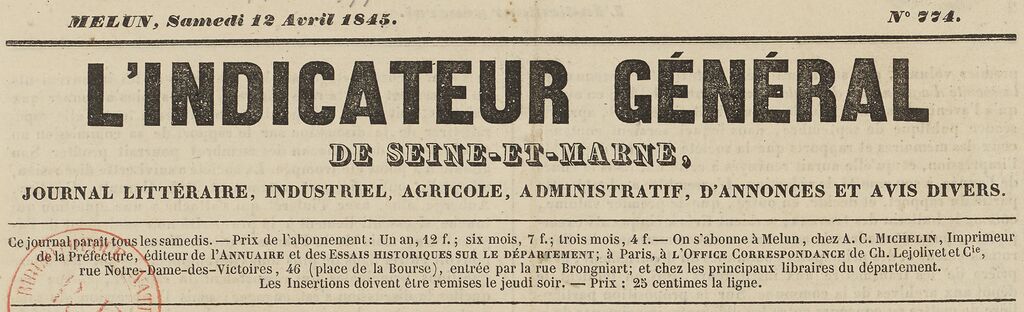 Photo (BnF / Gallica) de : L'Indicateur général de Seine-et-Marne. Melun : Michelin, 1819-1914. ISSN 2129-7754.