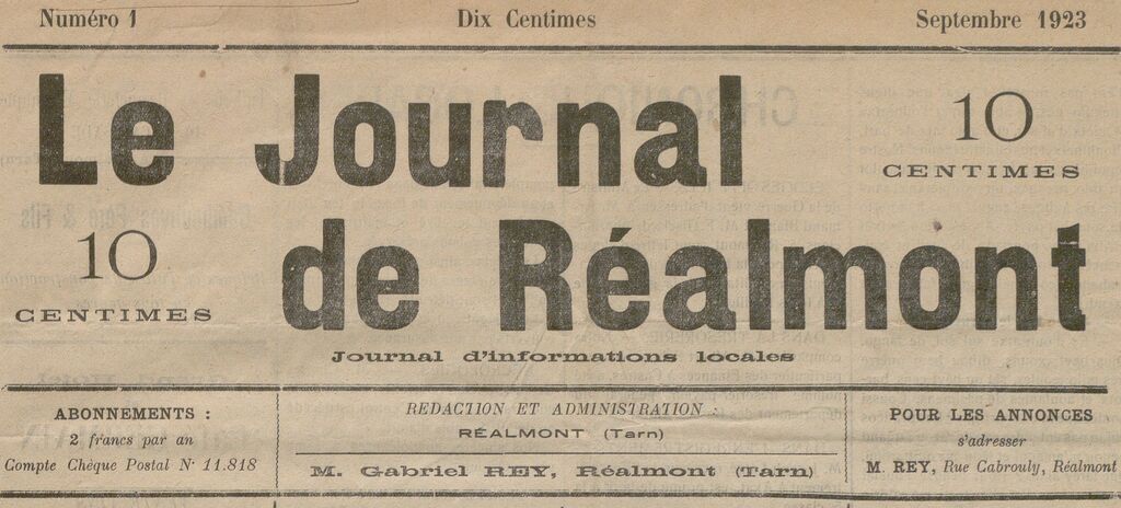 Photo (BnF / Gallica) de : Le Journal de Réalmont. Réalmont, 1923-1925. ISSN 2130-5773.