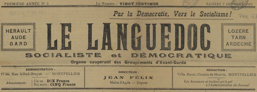 Photo (BnF / Gallica) de : Le Languedoc socialiste et démocratique. Montpellier, 1922-[1940 ?]. ISSN 2131-1315.