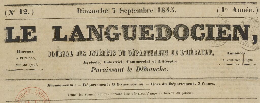 Photo (BnF / Gallica) de : Le Languedocien. Pézenas, 1845-[1923 ?]. ISSN 2131-134X.